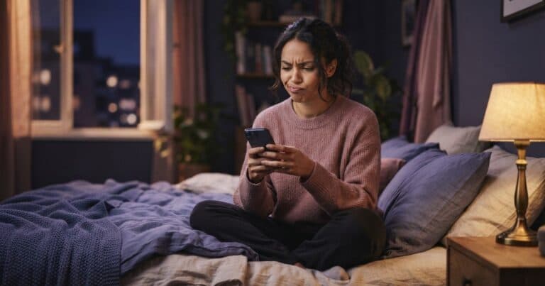Frau sieht abends im Bett skeptisch die Reihenfolge ihrer Instagram-Story-Zuschauer an