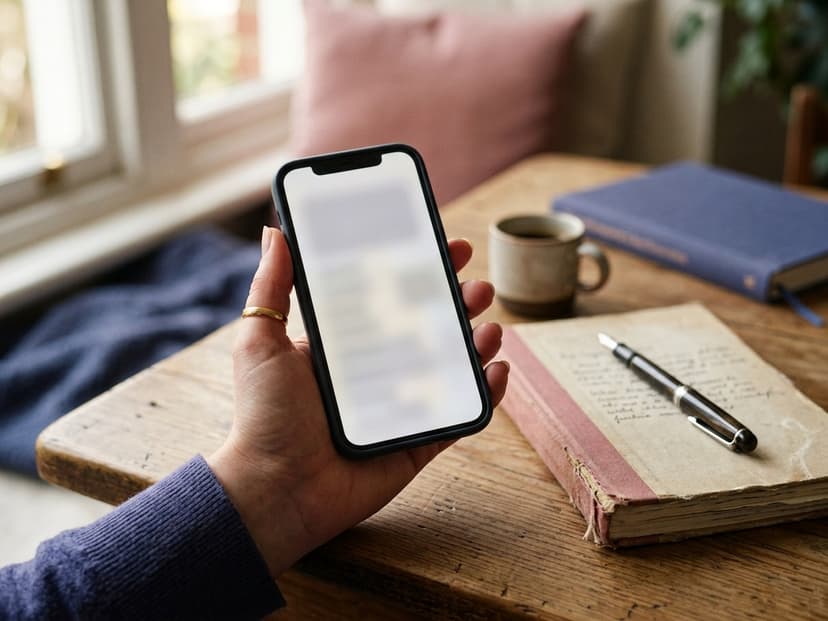 A phone screen showing a short list of names under a larger view total, a notebook beside it