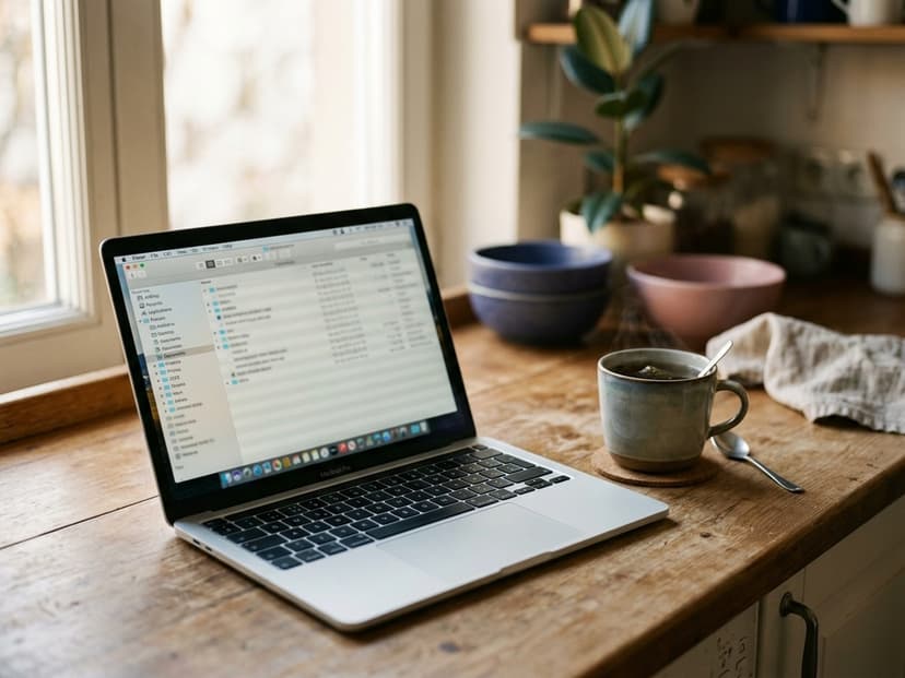 Laptop in der Küche mit dem geöffneten Ordner des Instagram-Datenexports