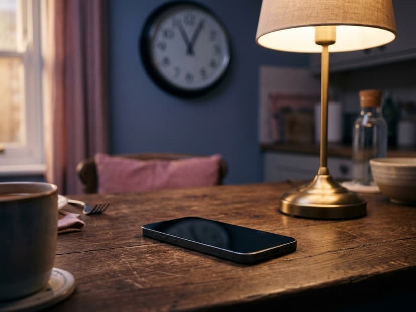 A phone on a kitchen table at night, a story ring faded, a clock on the wall behind