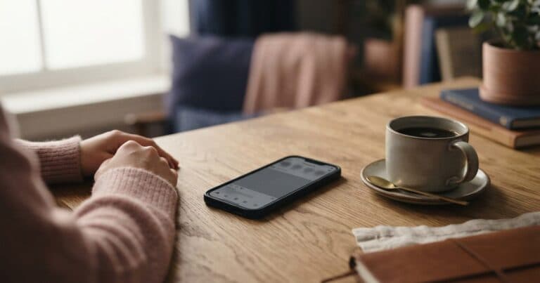 A phone on a desk showing a blocked-action dialog beside a cooling coffee