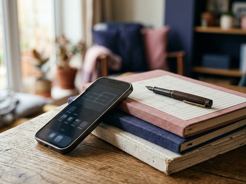 Smartphone mit Kalenderansicht des Instagram-Archivs neben Notizbuch und Stift