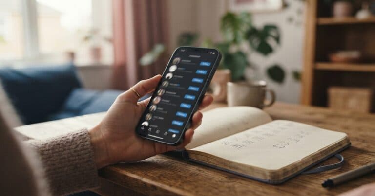 A phone showing a long Instagram following list beside a handwritten tally