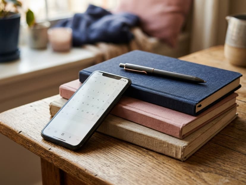 A phone showing a calendar grid of saved days, a notebook and pen beside it