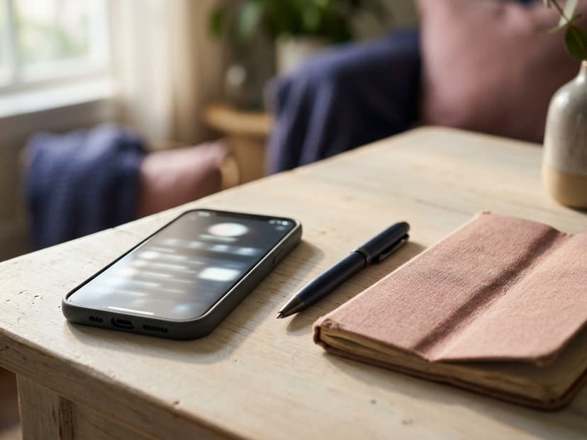 Smartphone zeigt eine kurze Namensliste unter einer größeren Aufrufzahl, daneben Stift und Notizbuch