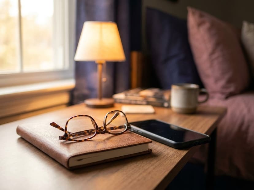 Brille auf einem geschlossenen Notizbuch neben einem Smartphone