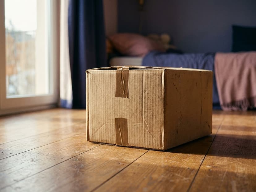 Verschlossener Umzugskarton auf einem Holzboden