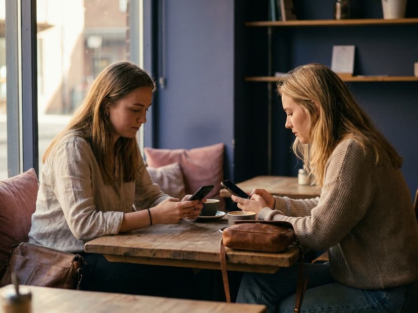 Zwei Freunde im Café schauen jeweils auf ihr eigenes Smartphone