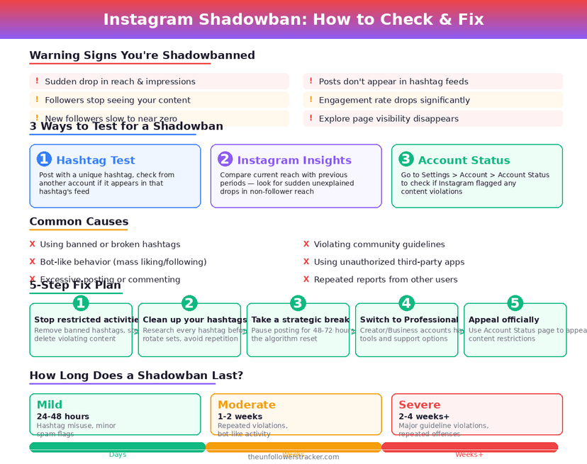 Infographic showing how to check and fix Instagram shadowban
