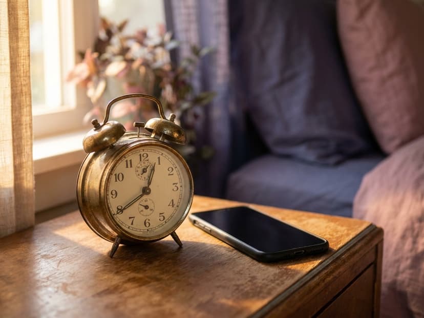 Wecker neben einem Smartphone auf dem Nachttisch