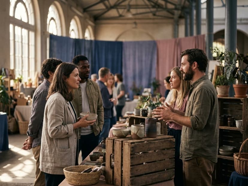 Menschen im Gespräch an einem Marktstand bei Tageslicht