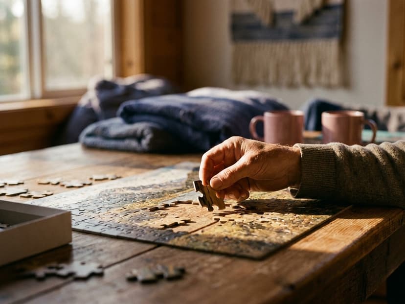 Hand legt das letzte Teil in ein Holzpuzzle auf dem Tisch