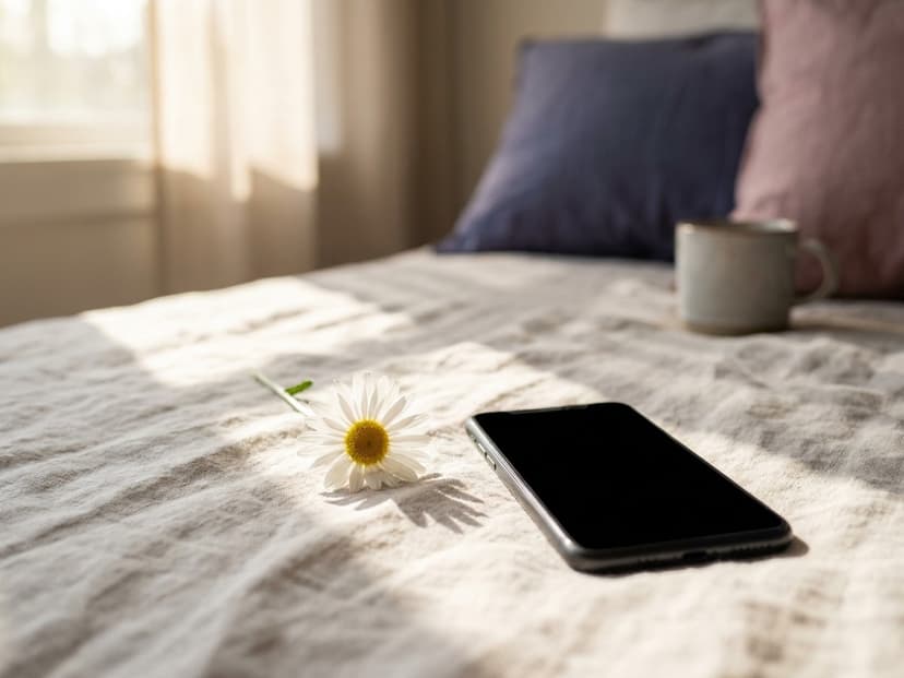 Gänseblümchen auf einem Bettlaken neben einem Smartphone