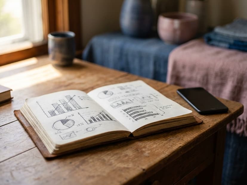 Notizbuch mit handgezeichneten Diagrammen neben einem Smartphone auf dem Schreibtisch