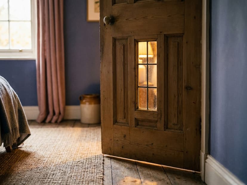 Geschlossene Tür mit kleinem Fenster, Licht fällt von der anderen Seite