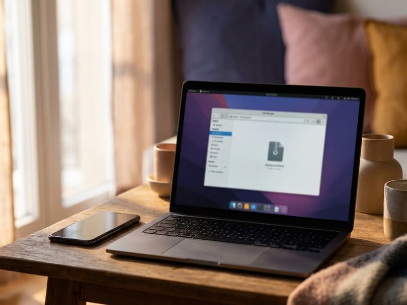Laptop mit heruntergeladenem Archiv neben einem Smartphone