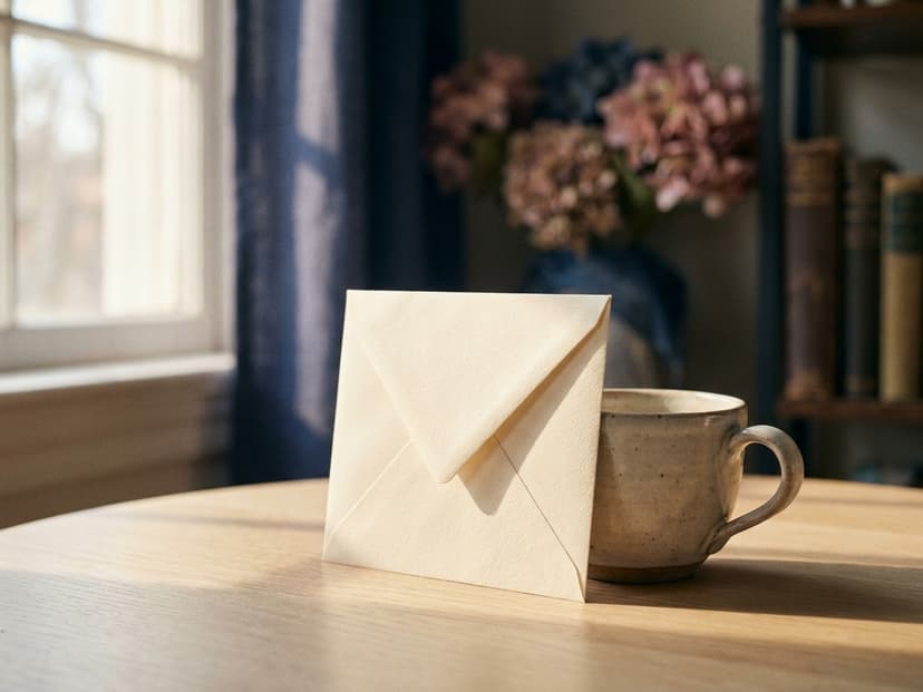 Ungeöffneter Briefumschlag lehnt an einer Kaffeetasse