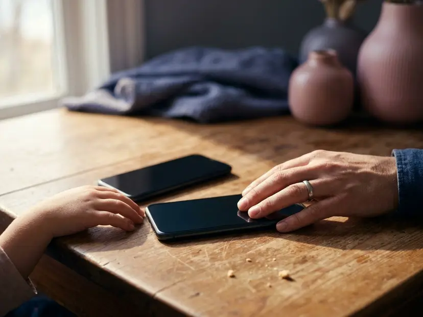 Zwei Smartphones auf einem Holztisch, daneben die Hände von Elternteil und Kind