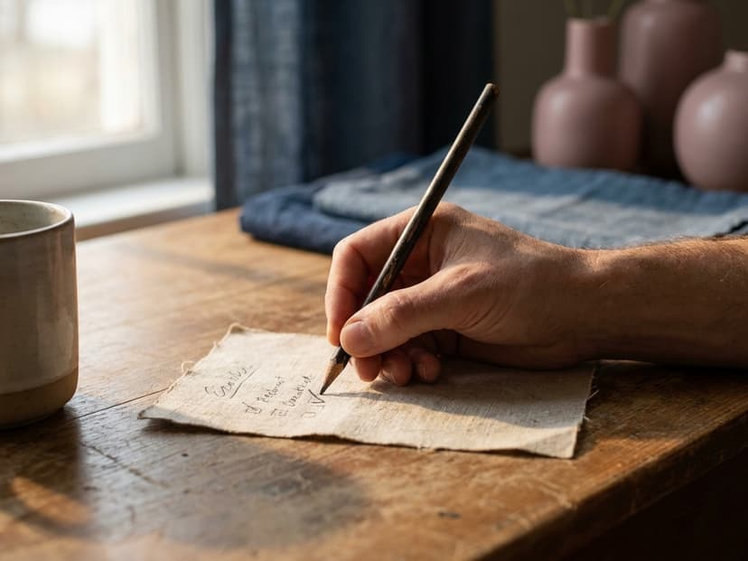Hand markiert einen Punkt auf einer kurzen handschriftlichen Liste