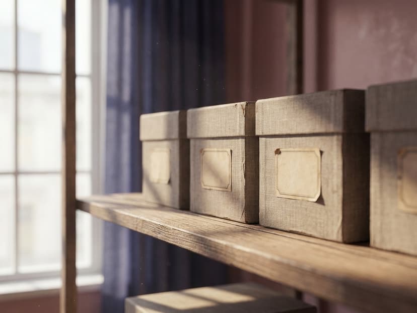 Beschriftete Archivkartons in einer Reihe auf einem Holzregal