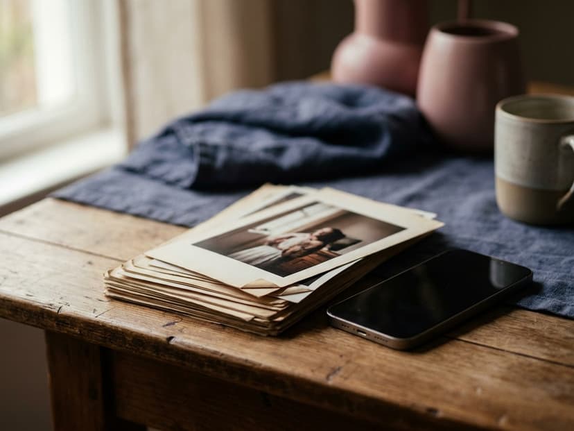Stapel gedruckter Fotos auf einem Holztisch neben einem Smartphone