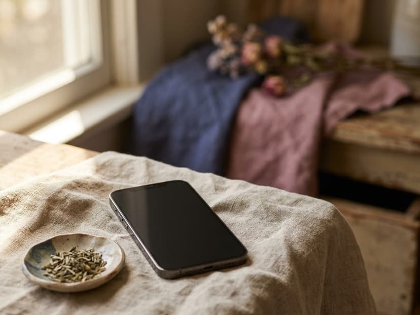 Smartphone auf einem Leinentuch neben einer Keramikschale