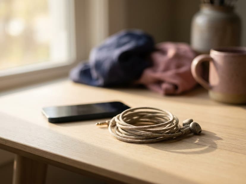 Kopfhörer neben einem Smartphone auf dem Schreibtisch