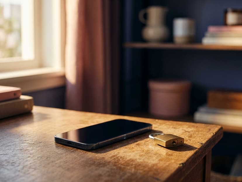Smartphone neben einem kleinen Vorhängeschloss auf dem Schreibtisch
