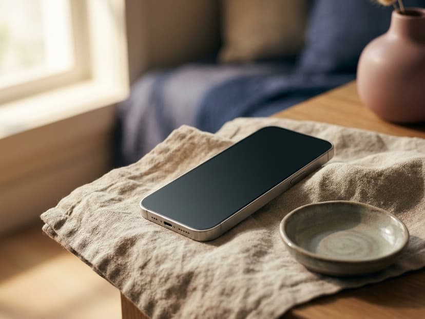 Smartphone auf einem Leinentuch neben einer Keramikschale