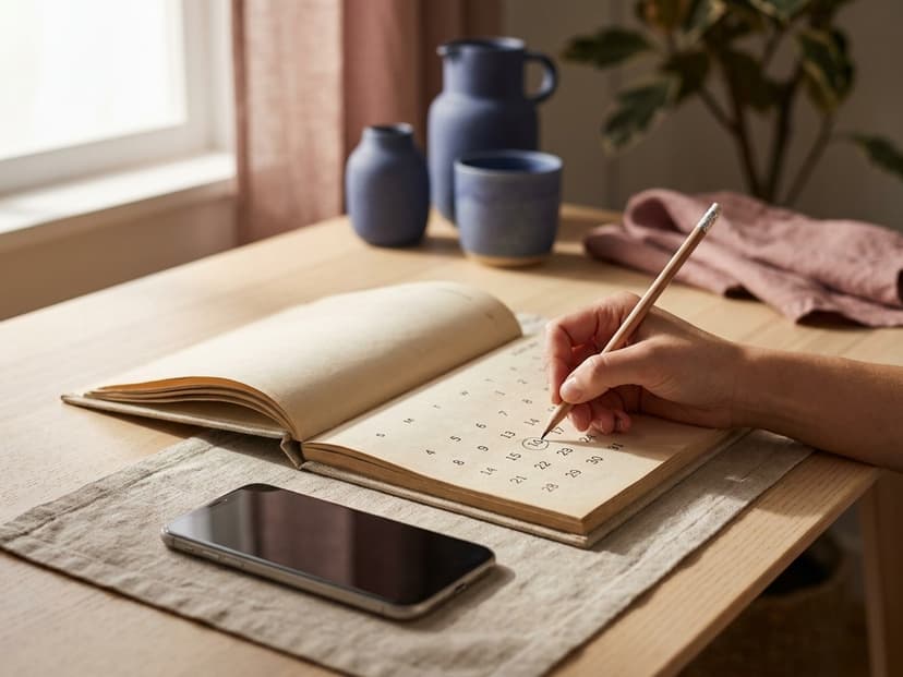 Kalender und Smartphone auf dem Schreibtisch für einen verlässlichen Posting-Rhythmus