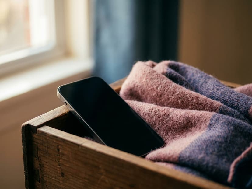 Ausgeschaltetes Smartphone in einer Schublade neben einem Schal