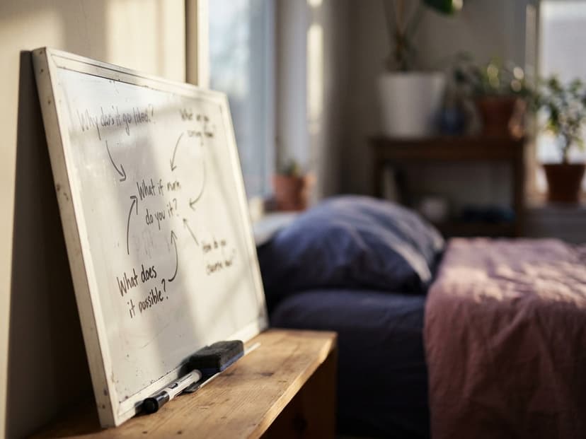Whiteboard mit handschriftlichen Fragen und Pfeilen