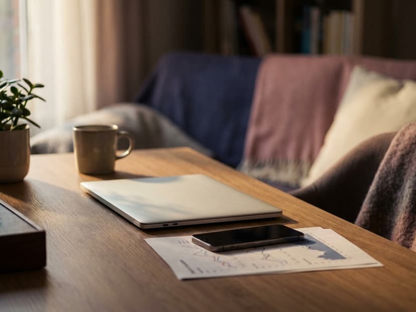 Schreibtisch mit Laptop, Smartphone und ausgedrucktem Diagramm