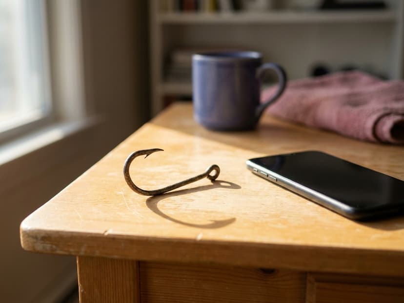 Angelhaken neben einem Smartphone als Bild für Phishing