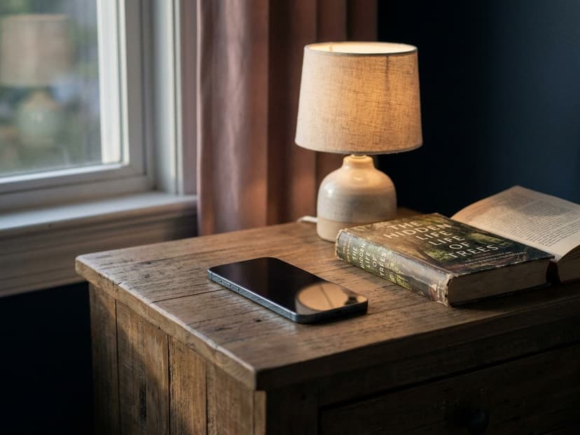 Smartphone liegt umgedreht auf dem Nachttisch neben einem Buch