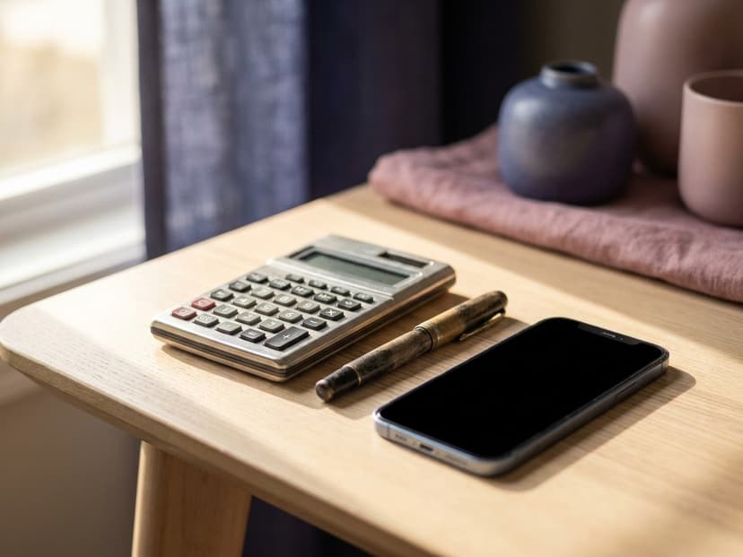 Taschenrechner, Stift und Smartphone auf dem Schreibtisch