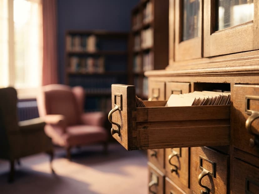 Herausgezogene leere Karteikartenschublade eines Bibliotheksschranks