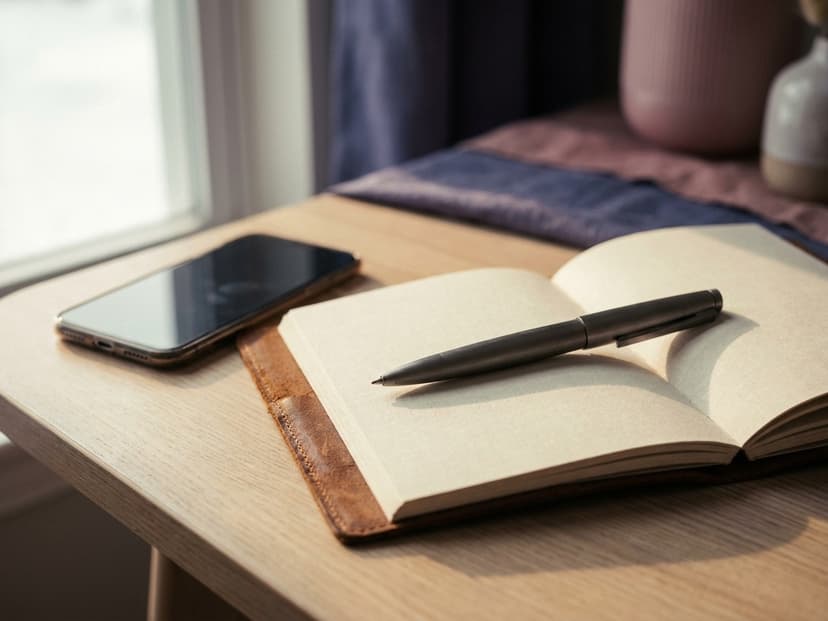 Aufgeschlagenes Notizbuch mit Stift neben einem Smartphone