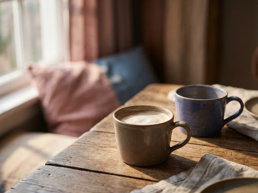 Zwei Kaffeetassen auf dem Tisch, eine davon weggeschoben