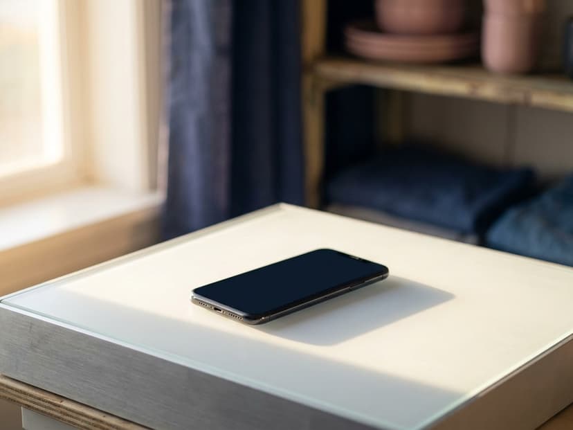 Smartphone mit leerem Bildschirm auf einem hellen Tisch