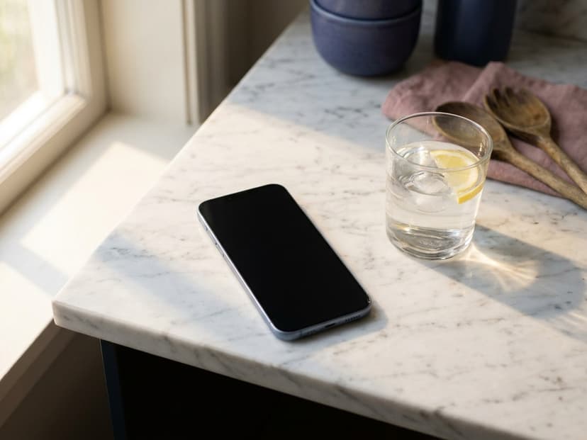 Smartphone auf einer Marmorablage neben einem Wasserglas beim Durchsehen einer Gefolgt-Liste