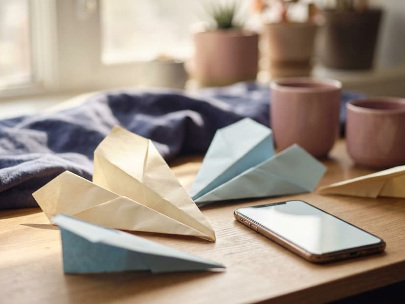 Papierflieger auf einem hellen Schreibtisch neben einem Smartphone