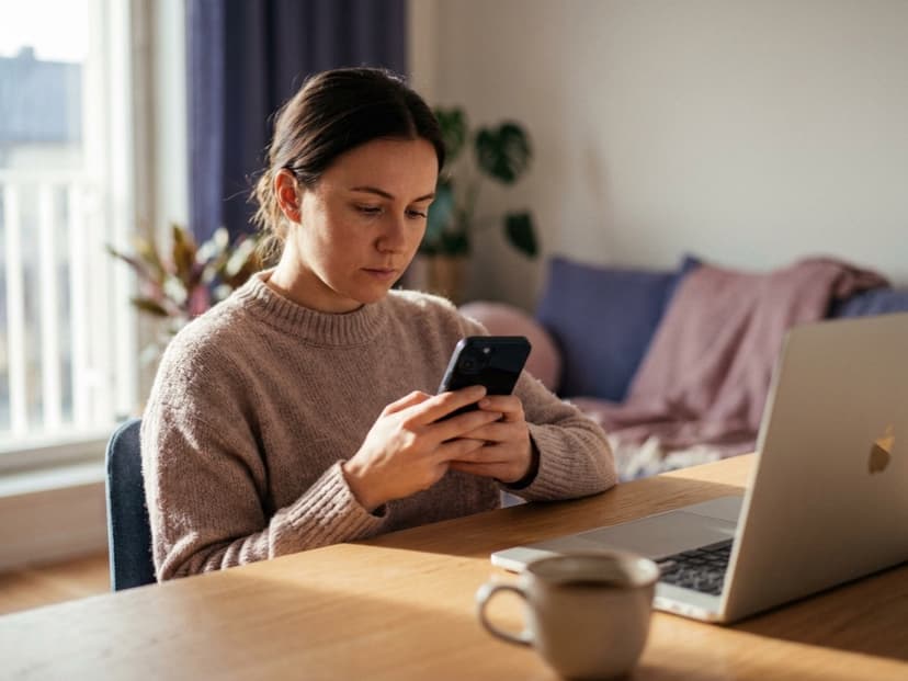 Frau am Schreibtisch lädt auf dem Smartphone ihren Instagram-Datenexport herunter, um ihre Unfollower zu prüfen
