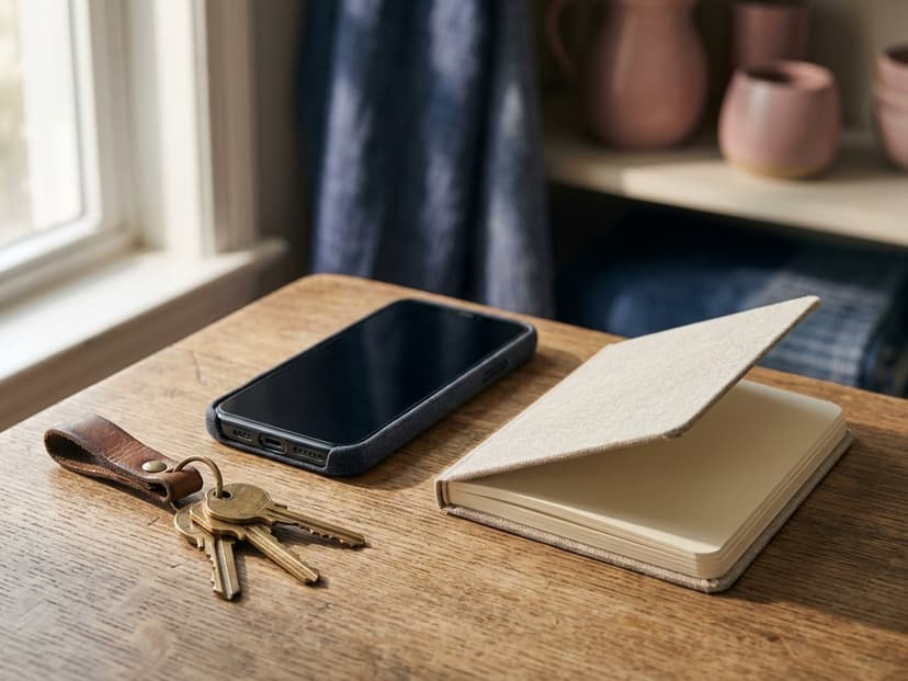 Schlüssel, Smartphone und Notizbuch ordentlich nebeneinander