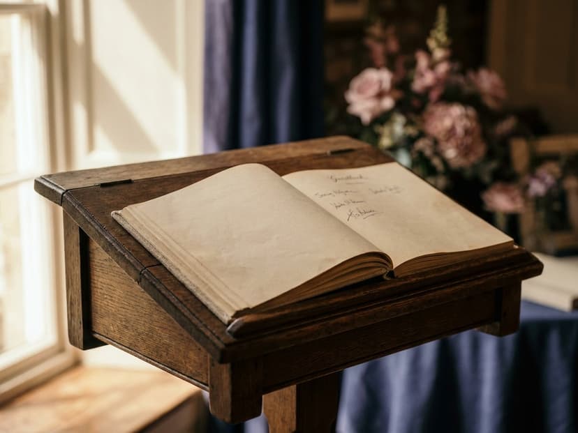 Aufgeschlagenes Gästebuch mit einigen Unterschriften