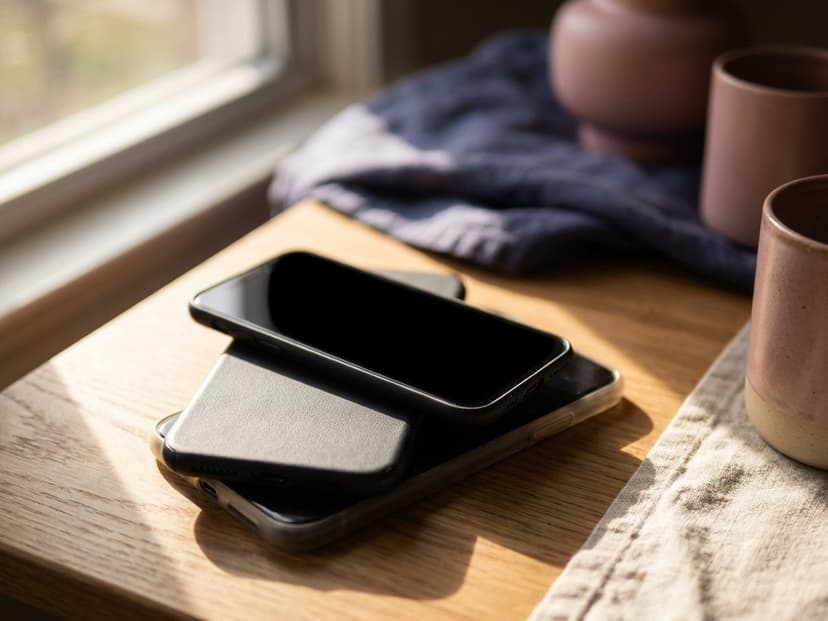Zwei übereinanderliegende Smartphones auf dem Schreibtisch