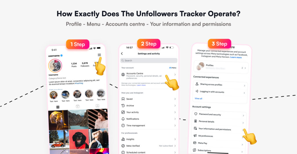 Instagram data export screens "Your Information and Permissions"