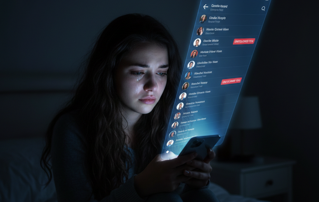 woman checking Instagram unfollow on phone